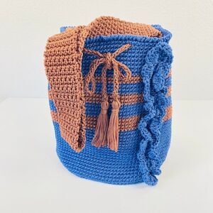 Crochet Bucket Bag Blue Brown Knit‎ Striped Ruffle Trim Drawstring Shoulder Bag